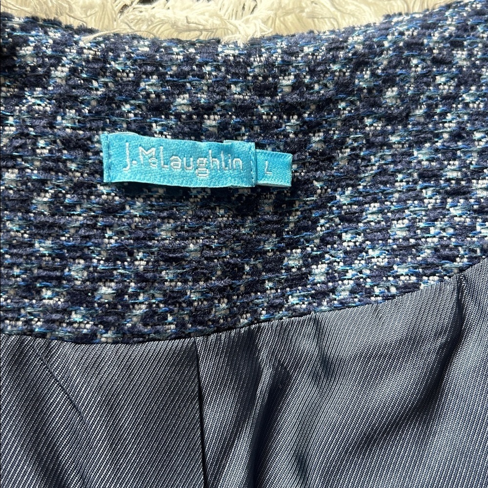 J. McLaughlin Tweed Fringe Trim Mid Length Jacket Coat Blue White Size Lg NWOT - Picture 11 of 12